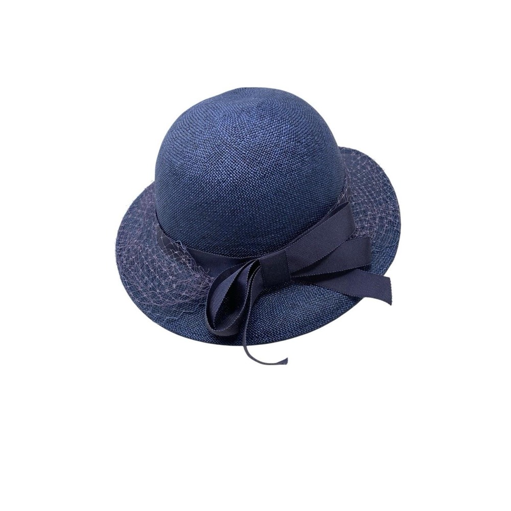 Vintage Womens Miss Bierner Navy Blue Straw Hat Bow Netting Church Easter Derby - Picture 3 of 6